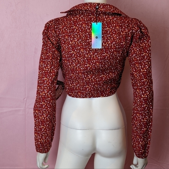 Daisy Street Dolls Kill Red Floral Corduroy Long Sleeve Wrap Crop Top size Small - Picture 3 of 6